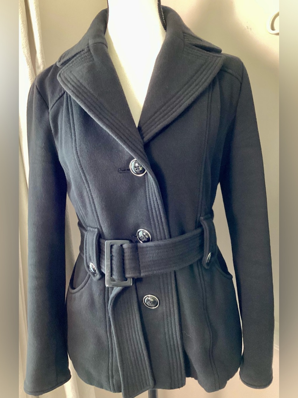Kenneth Cole Reaction Black Wool Blend Belted Trench Peacoat Jacket Small